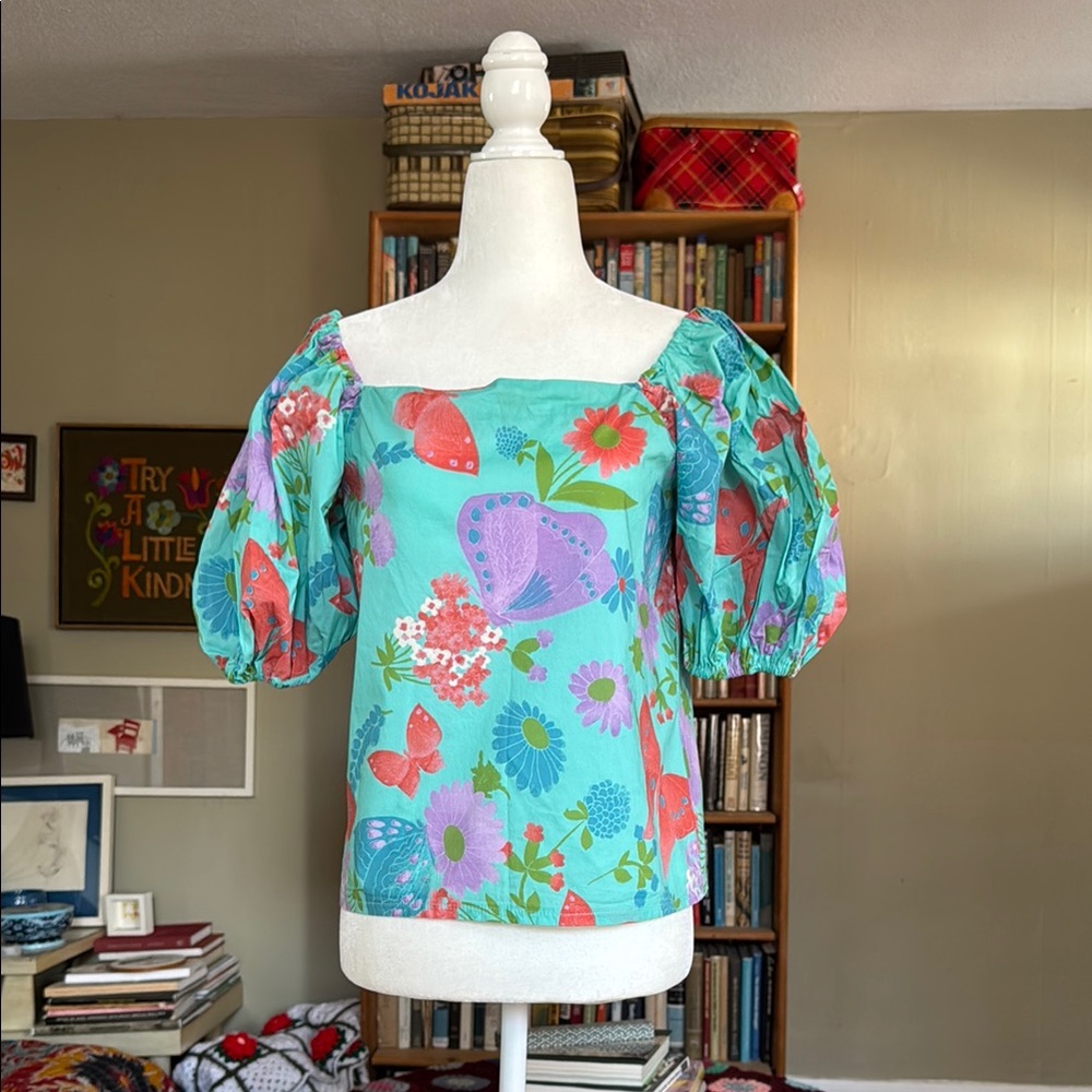 Pink and Blue Puffed Sleeve Blouse with Wide Neckline